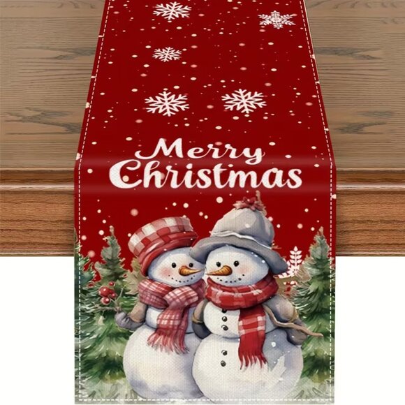 13"x72" Snowman and Woman Festive Holiday Dinner Christmas Table Runner - Picture 1 of 1